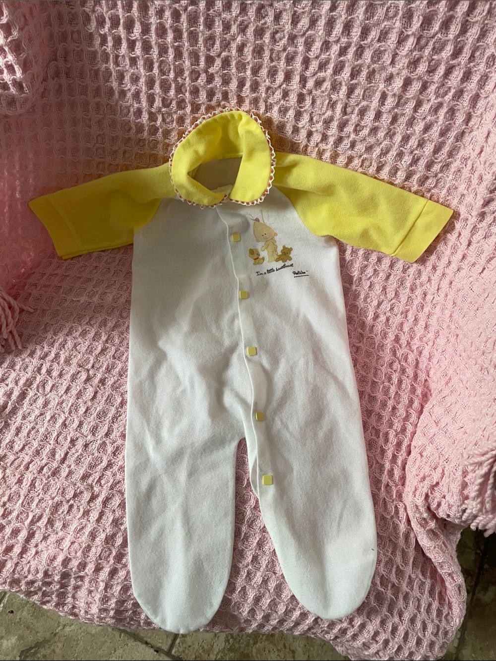 Baby Yellow and White Onesie   Size 3 months. Plastic snaps.